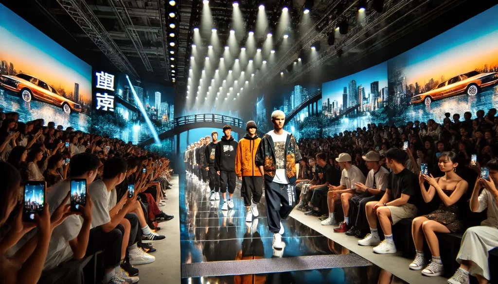 Runway show featuring a Japanese streetwear brand at a major fashion week.