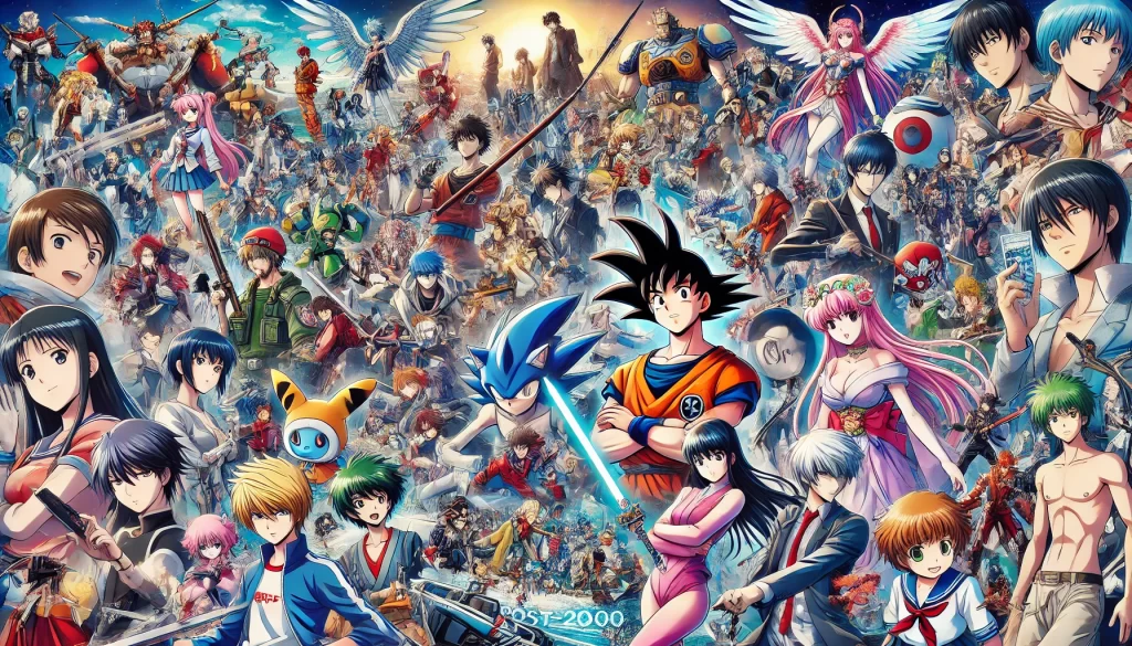 A vibrant collage of popular anime characters from series released post-2000, illustrating the evolution and diversity of Japanese animation. The collage includes a mix of well-known characters from different genres, set against an energetic and colorful background.