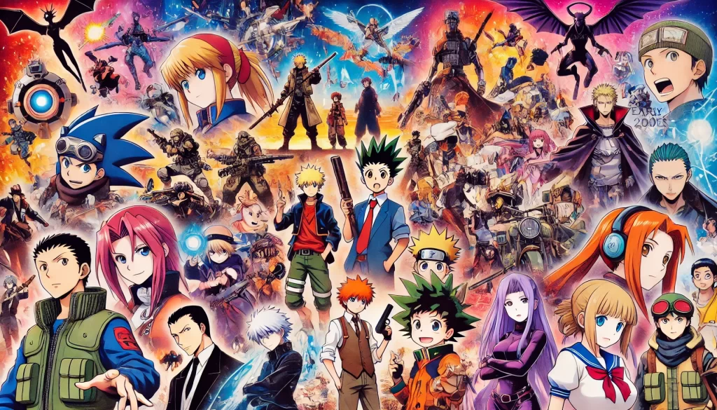 A vibrant collage inspired by early 2000s anime, featuring generic characters and elements that highlight the diversity and innovation of that era. The image includes dynamic action scenes, character close-ups, and iconic anime tropes.