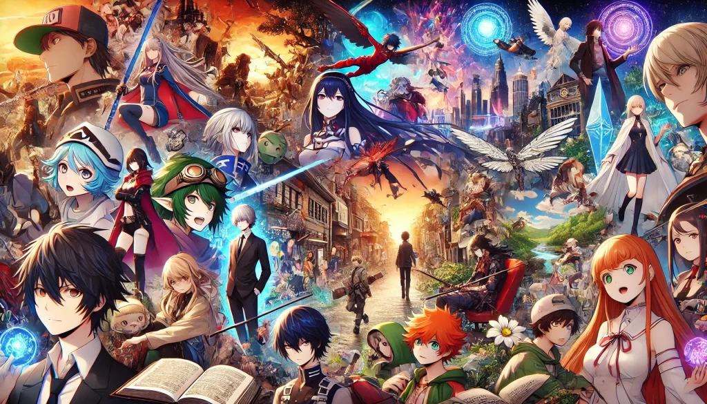 A vibrant collage inspired by modern anime, showcasing a wide range of genres to cater to diverse audiences. The image includes characters and scenes from various anime series, reflecting the diversity and creativity in contemporary Japanese animation.