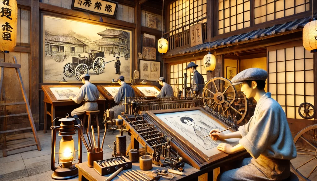 A historical depiction of the origins of Japanese animation in the early 20th century. The scene features animators in a traditional Japanese setting, working on animation frames with lanterns providing warm light, capturing the meticulous and artistic process of early animation studios.