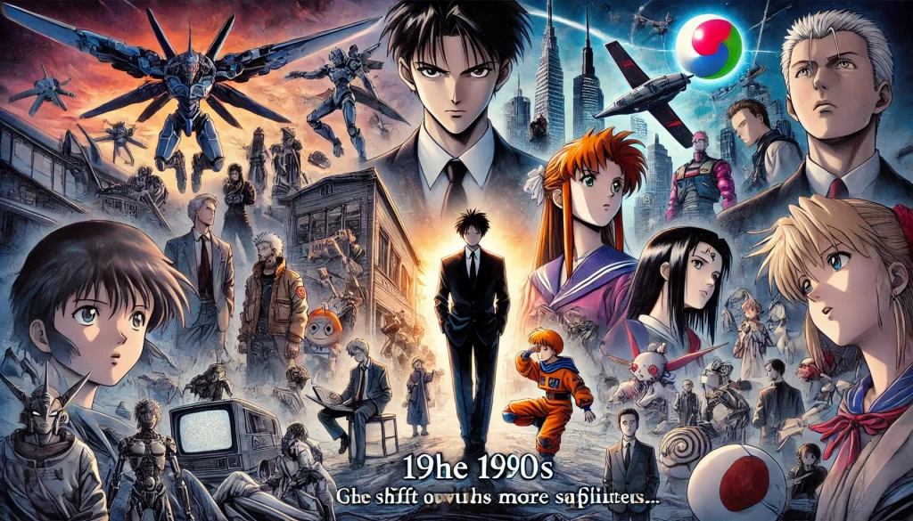 A scene depicting anime in the 1990s, showcasing its diversification into more mature themes and complex storytelling. The image features characters and elements from popular 1990s anime, set against a backdrop of both urban and dystopian landscapes, reflecting the evolving nature of anime during this period.