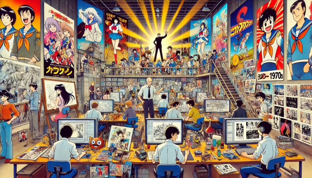 A vibrant scene depicting the expansion of anime in the 1970s. The image shows a bustling anime studio with animators at work, surrounded by various anime posters and artwork on the walls, highlighting the dynamic and creative atmosphere of the era.